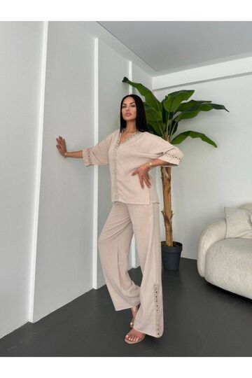 Dantelli Pantolunlu Keten Takım