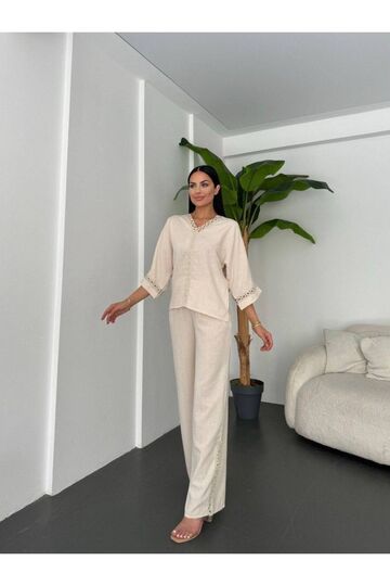 Dantelli Pantolunlu Keten Takım