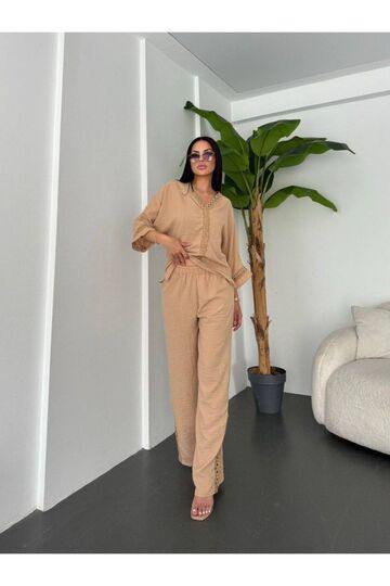 Dantelli Pantolunlu Keten Takım