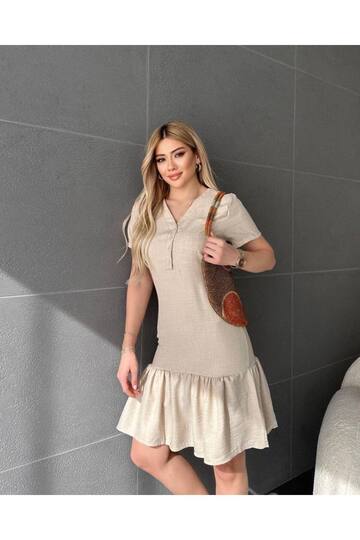 KADIN KETEN DÜĞMELİ ELBİSE