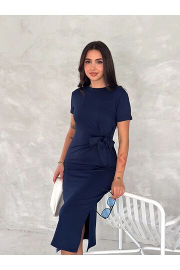Yumuşak Doku Fiyonk Detaylı Modal Kumaş Midi Elbise