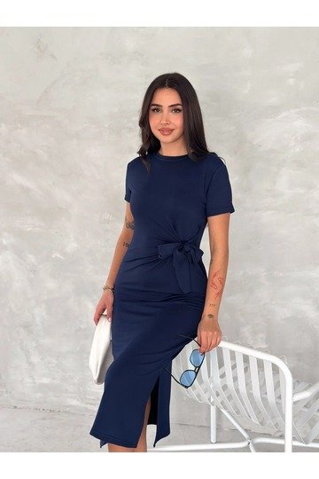 YUMUŞAK DOKU FİYONK DETAYLI MODAL KUMAŞ MİDİ ELBİSE