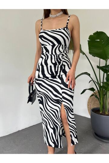 Zebra Desen Yırtmaçlı Elbise