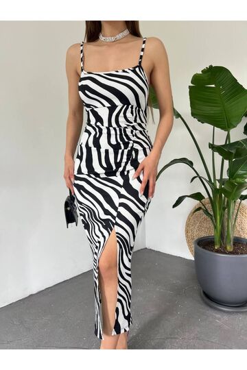 Zebra Desen Yırtmaçlı Elbise