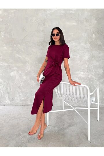 Yumuşak Doku Fiyonk Detaylı Modal Kumaş Midi Elbise