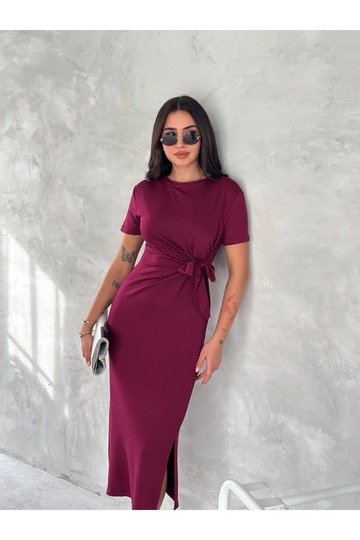 YUMUŞAK DOKU FİYONK DETAYLI MODAL KUMAŞ MİDİ ELBİSE