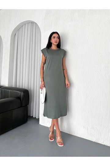 Yumuşak Doku Yırtmaçlı Vatkalı Modal Kumaş Midi Elbise Doku