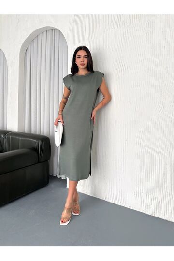 Yumuşak Doku Yırtmaçlı Vatkalı Modal Kumaş Midi Elbise Doku