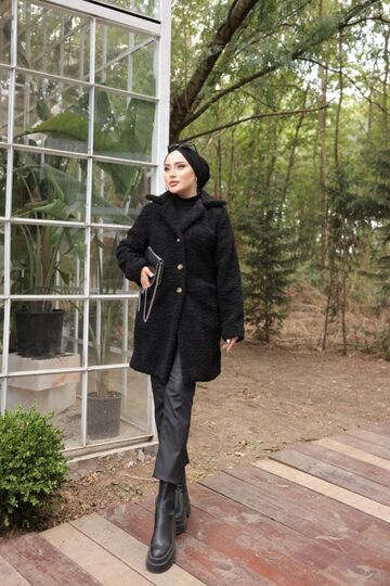 Cepli Kruvaze Yaka Düğmeli   Peluş Mont