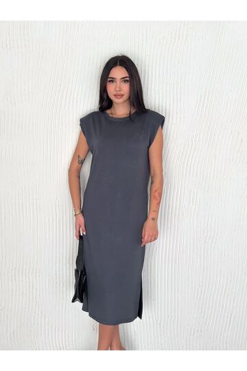 Yumuşak Doku Yırtmaçlı Vatkalı Modal Kumaş Midi Elbise Doku