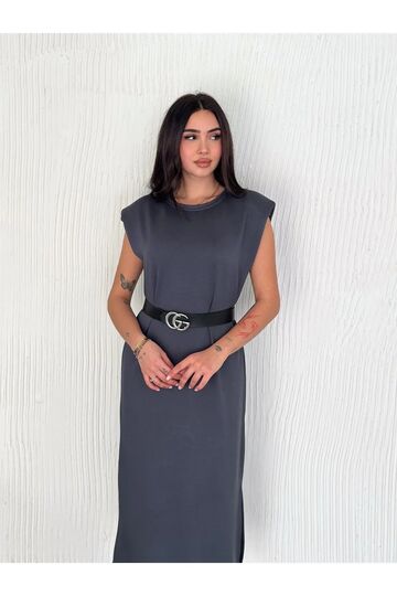Yumuşak Doku Yırtmaçlı Vatkalı Modal Kumaş Midi Elbise Doku