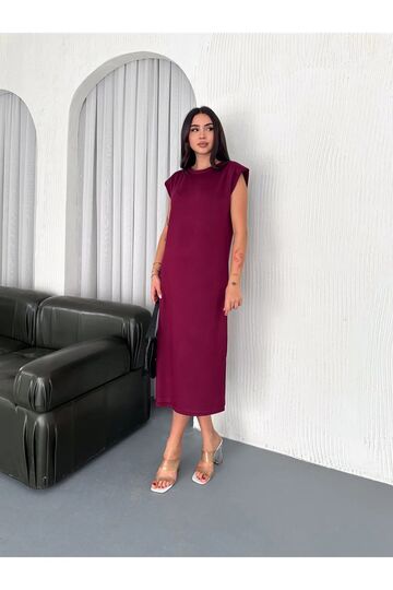 Yumuşak Doku Yırtmaçlı Vatkalı Modal Kumaş Midi Elbise Doku