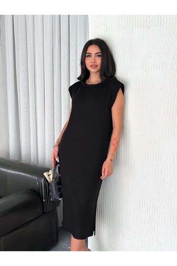 Yumuşak Doku Yırtmaçlı Vatkalı Modal Kumaş Midi Elbise Doku