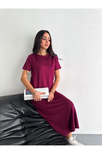 Yumuşak Doku Yırtmaçlı Modal Kumaş Midi Elbise