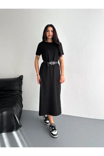 Yumuşak Doku Yırtmaçlı Modal Kumaş Midi Elbise