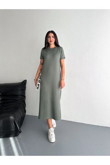 Yumuşak Doku Yırtmaçlı Modal Kumaş Midi Elbise