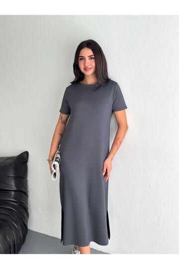 Yumuşak Doku Yırtmaçlı Modal Kumaş Midi Elbise
