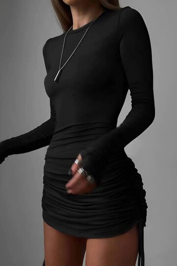 Uzun Kollu Büzgü Detaylı Bodycon Mini Elbise