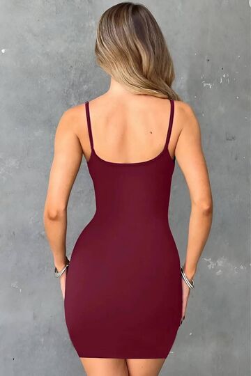 Kadın Bordo İp Askılı Mini Elbise