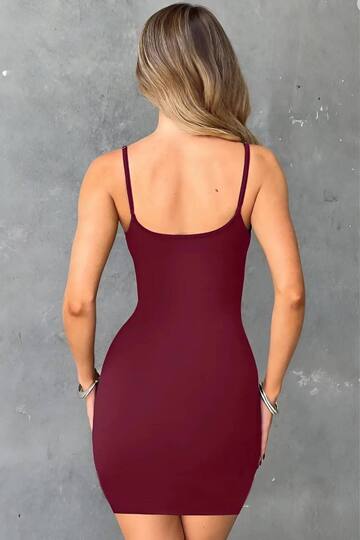 Kadın Bordo İp Askılı Mini Elbise
