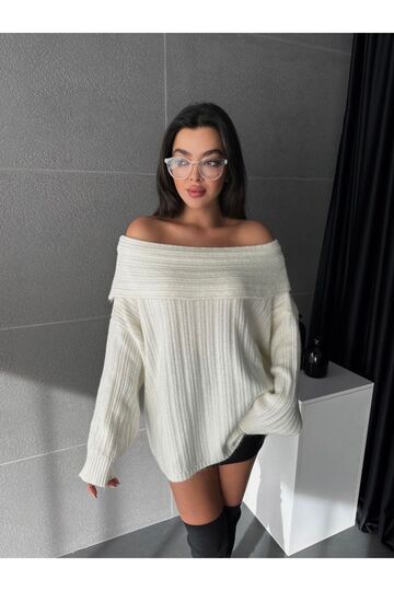 Kadin Omuzları Açık Oversize Şık Triko Kazak