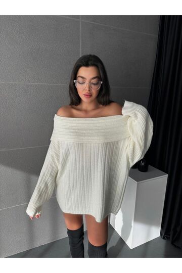 Kadin Omuzları Açık Oversize Şık Triko Kazak