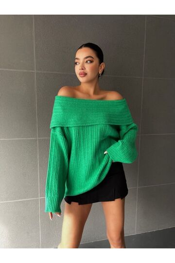 Kadin Omuzları Açık Oversize Şık Triko Kazak