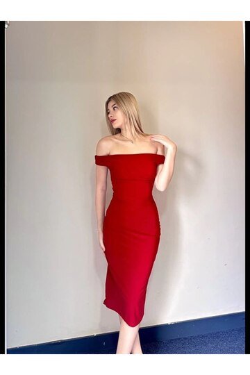 SANDY KUMAŞ STRAPLEZ KALEM KALEM MİDİ ELBİSE