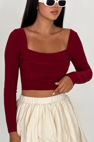 Çift Kat Ön Detaylı Ön-Arka Kare Yaka Crop Top