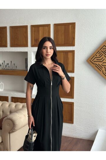 Poliviskon Kumaş Çift Fermuarlı Elbise