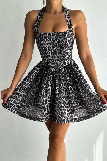 Leopar Desenli Prenses Elbise