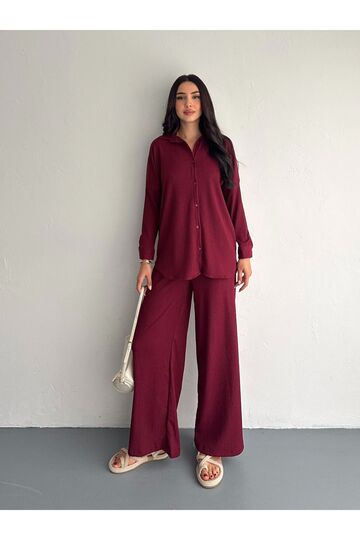 Gofre Uzun Kol Gömlekli Bürümcük Gömlekli Geniş Paçalı İkili Takım