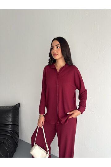 Gofre Uzun Kol Gömlekli Bürümcük Gömlekli Geniş Paçalı İkili Takım