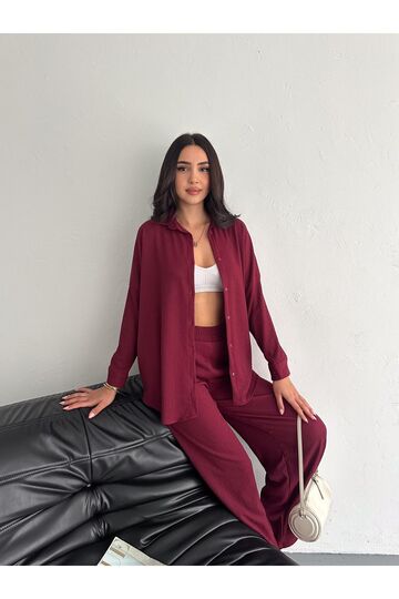 Gofre Uzun Kol Gömlekli Bürümcük Gömlekli Geniş Paçalı İkili Takım
