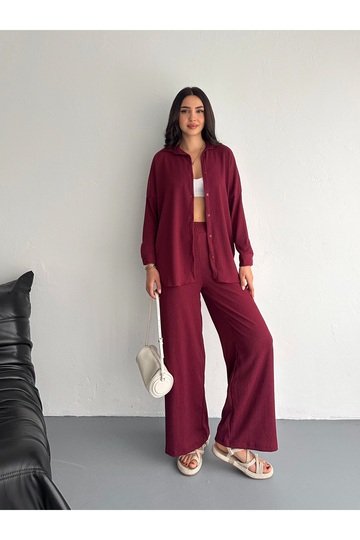 Gofre Uzun Kol Gömlekli Bürümcük gömlekli geniş paçalı İkili Takım