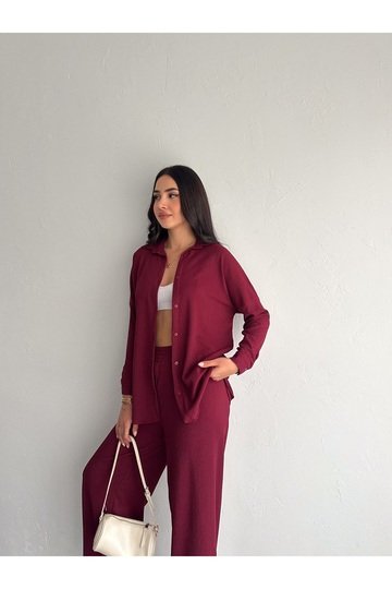 Gofre Uzun Kol Gömlekli Bürümcük gömlekli geniş paçalı İkili Takım