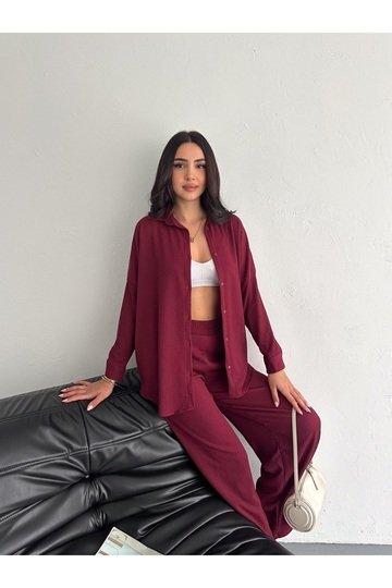 Gofre Uzun Kol Gömlekli Bürümcük gömlekli geniş paçalı İkili Takım