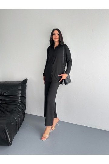 Gofre Uzun Kol Gömlekli Bürümcük gömlekli geniş paçalı İkili Takım