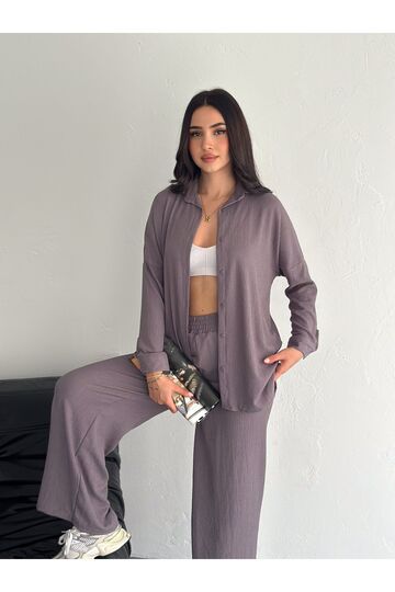 Gofre Uzun Kol Gömlekli Bürümcük Gömlekli Geniş Paçalı İkili Takım