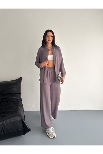 Gofre Uzun Kol Gömlekli Bürümcük gömlekli geniş paçalı İkili Takım