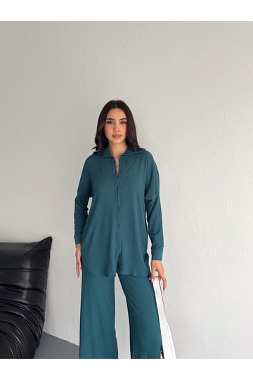 Gofre Uzun Kol Gömlekli Bürümcük gömlekli geniş paçalı İkili Takım