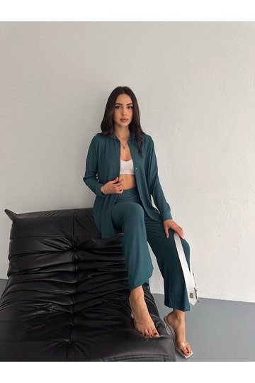 Gofre Uzun Kol Gömlekli Bürümcük gömlekli geniş paçalı İkili Takım
