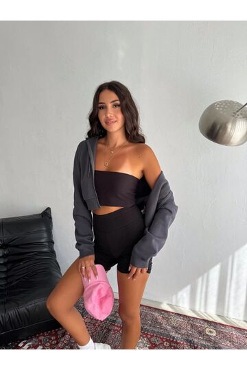 Basic Comfort Crop Fermuarlı 3 İplik Şardonlu Sweatshirt