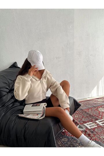Basic Comfort Crop Fermuarlı 3 İplik Şardonlu Sweatshirt