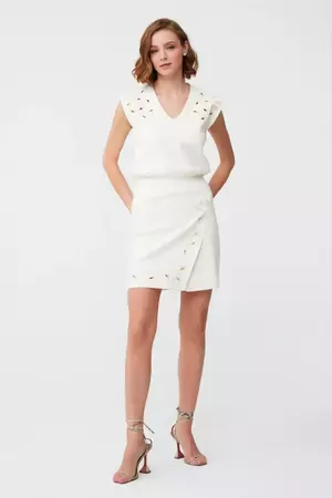 Ekru Askılı Bluz Etek Takım