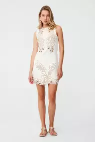 Nakış Detaylı Krem Mini Elbise